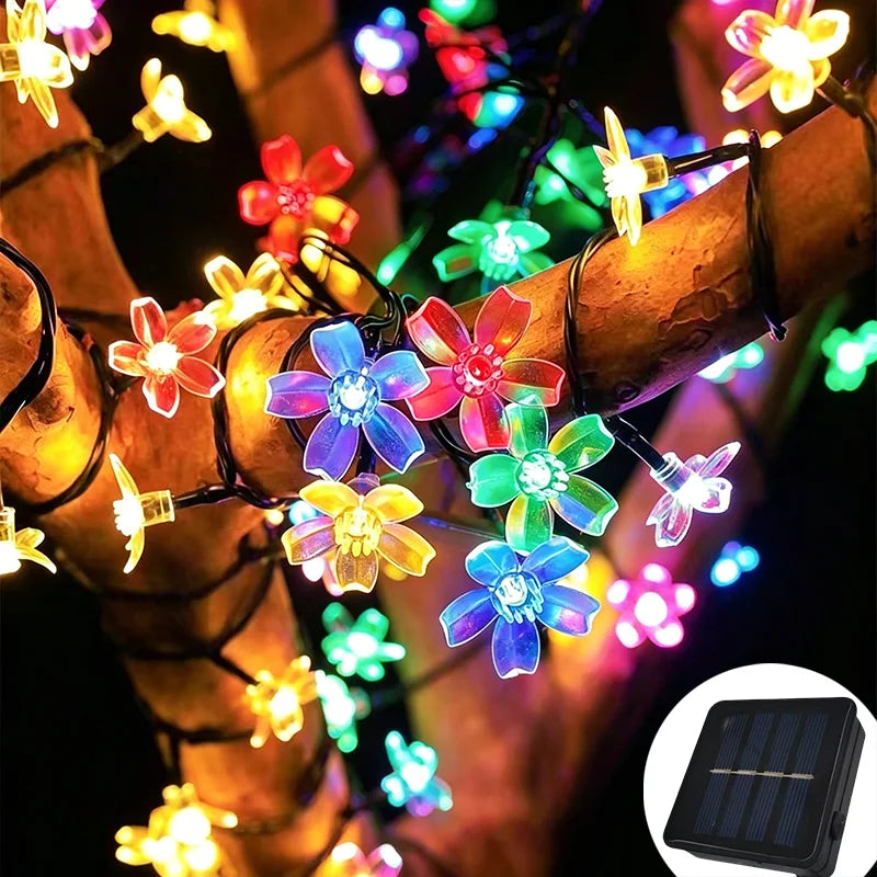 guirlande lumineuse solaire bleu clair fleurs stylisées moderne extérieure décoration fêtes led autonomes