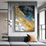 tableau abstrait moderne peintures l'huile noir bleu gris orange blanc toile rectangle vertical sans