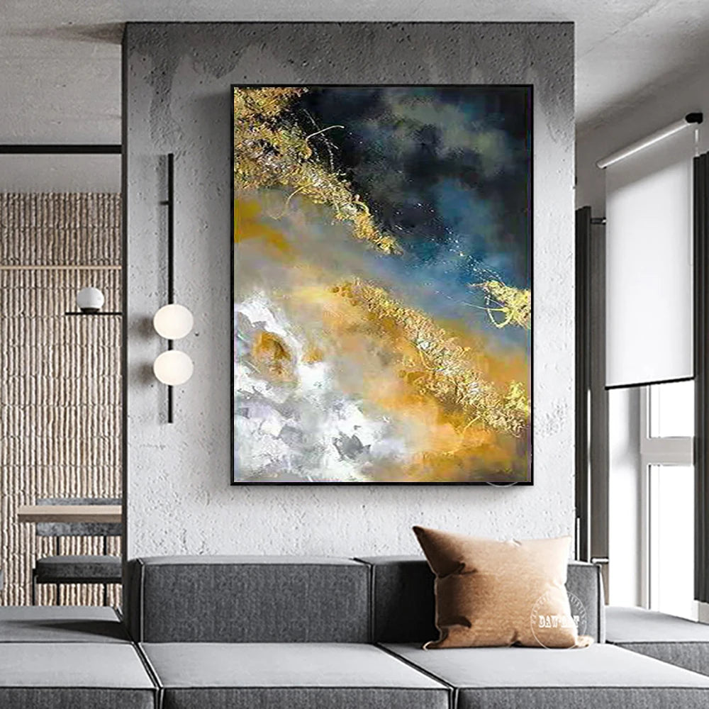 tableau abstrait moderne peintures l'huile noir bleu gris orange blanc toile rectangle vertical sans