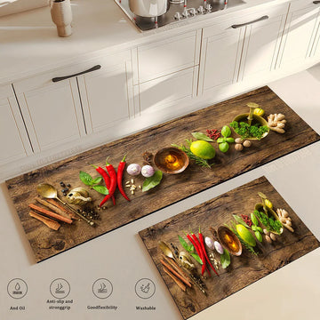tapis cuisine antidérapant motif épices herbes fruits ustensiles moderne noir bois naturel décor