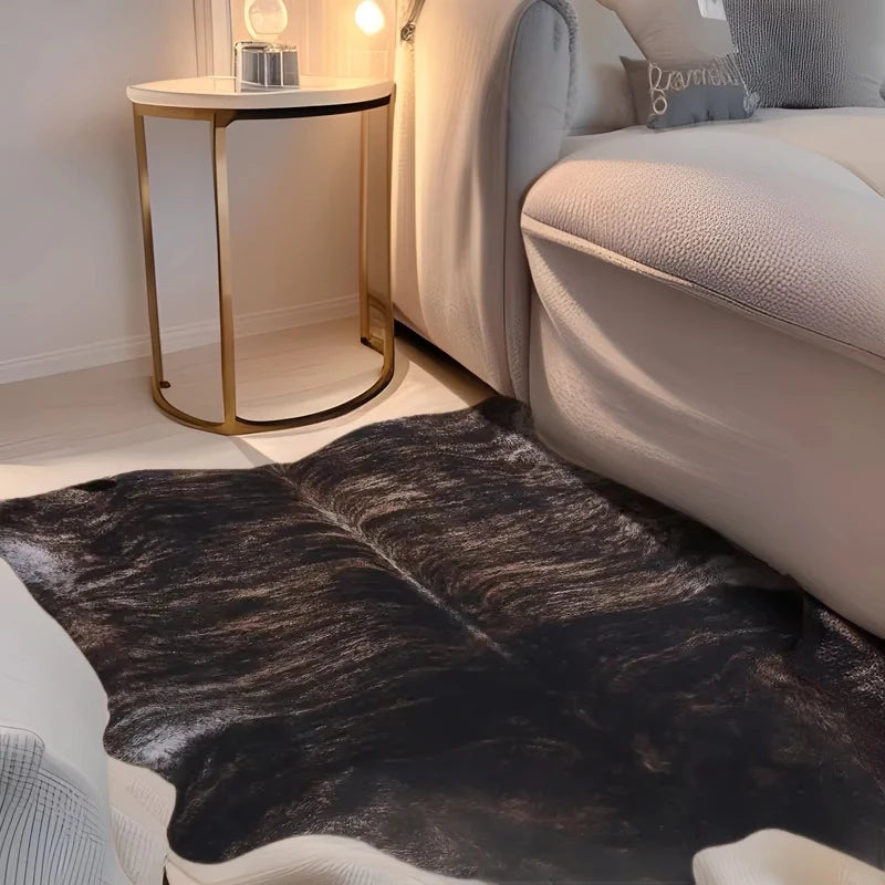 tapis marron blanc peau vache aspect naturel moderne rustique polyester jacquard rectangle salon chambre