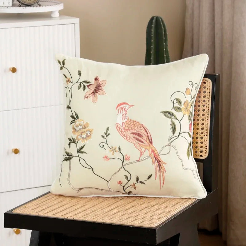 housses coussins decoratifs motif floral oiseau beige traditionnels decor salon chambre canape echangables machine