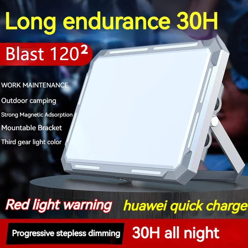 lampe camping rechargeable led portable aimantée support montage affichage numérique gris métallisé moderne robuste