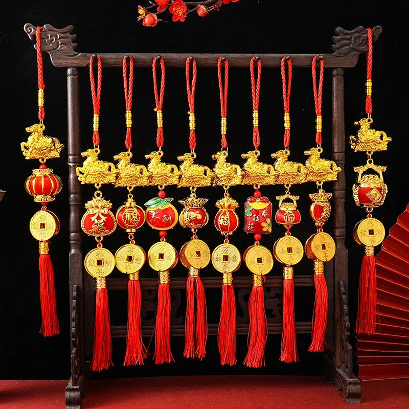 décoration murale traditionnelle chinoise motifs floraux or rouge blanc pièces d'or rubans pompons caractères