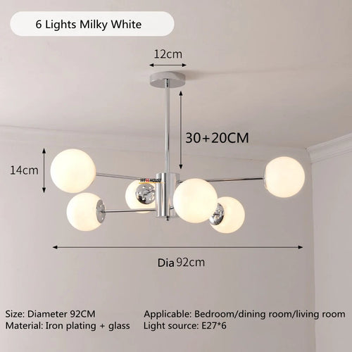lampe suspension moderne chrome douze sphères translucides luminaire salon chambre cuisine blanc