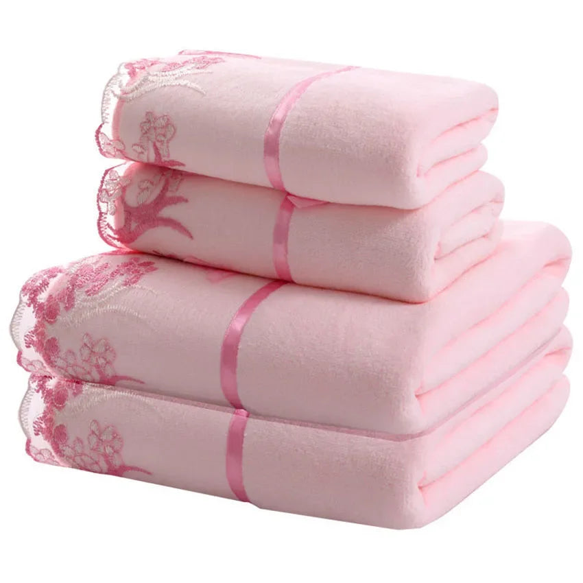 serviettes bain microfibre brodées fleurs dentelle beige rose bleu blanc rapide absorption familleétalement