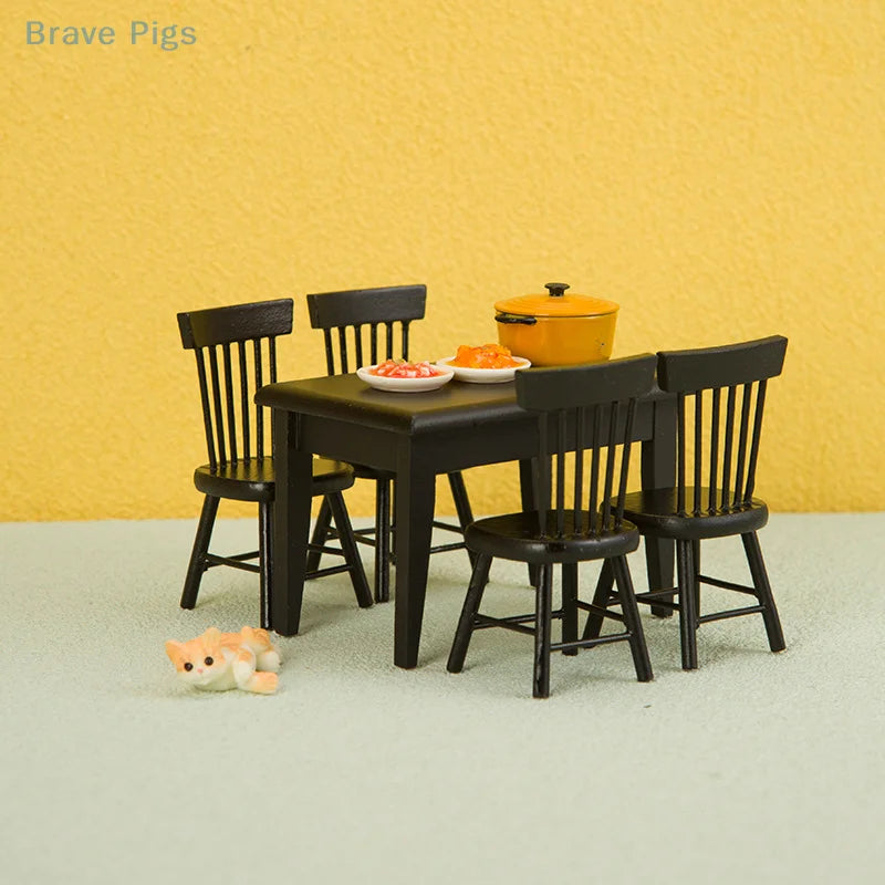 miniatures rustiques table chaises assiettes poterie figurine renard noir orange rouge jaune