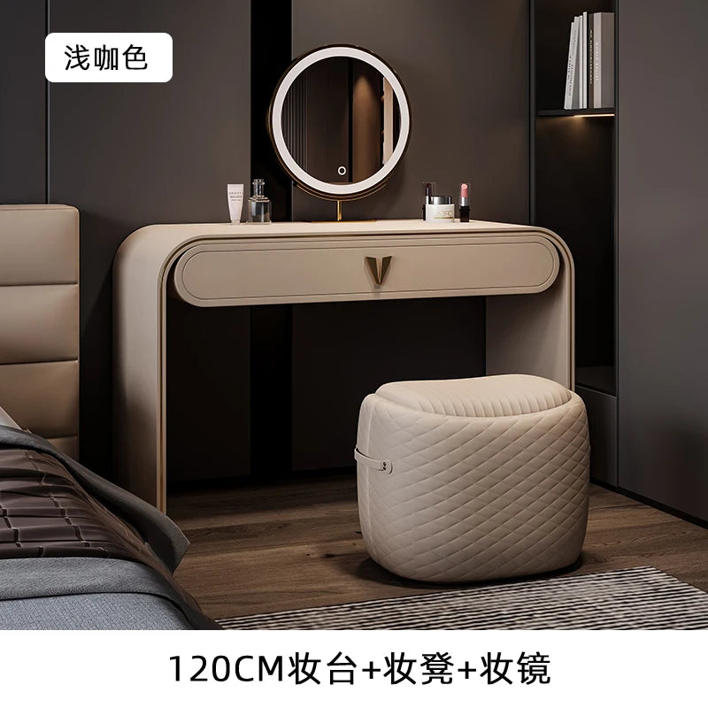 coiffeuse moderne maquillage miroir lumineux tabouret compartiments tiroirs étagère arrière beigeclair minimaliste
