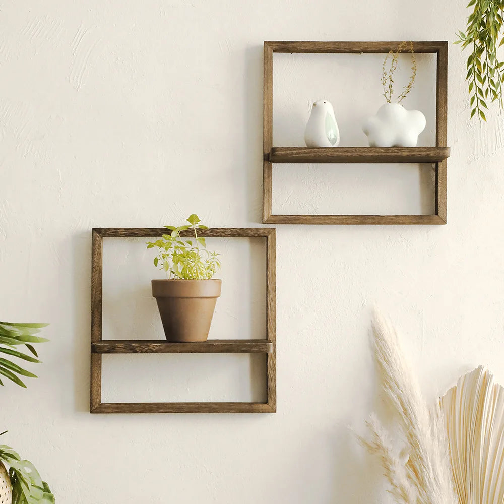 étagère murale moderne rustique bois naturel marron clair plante pot oiseau blanc objet decoratif