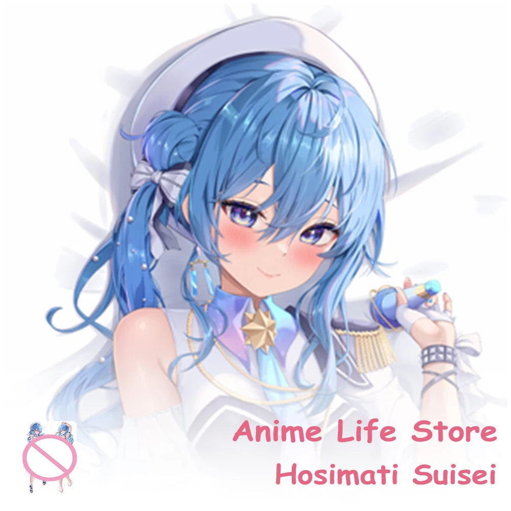 coussin anime hosimati bleu clair cheveux bleus coiffure élaborée dessin animé zip double face