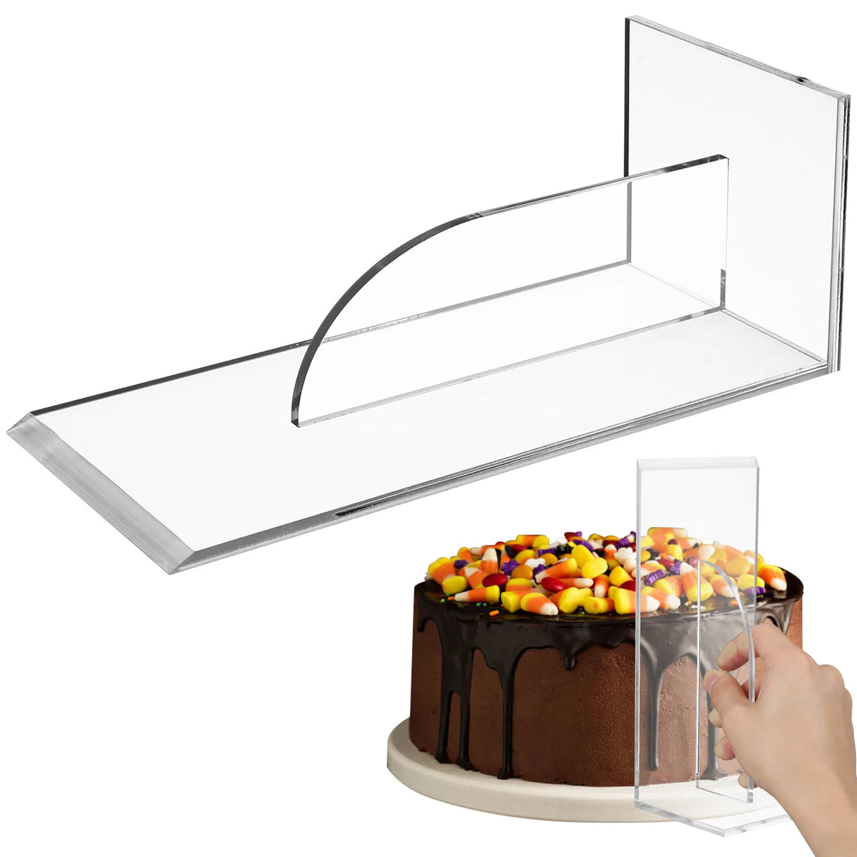 présentation moderne transparente support gâteau pâtisserie hauteur 22cm largeur 10cm profondeur 8.5cm poignée incurvée