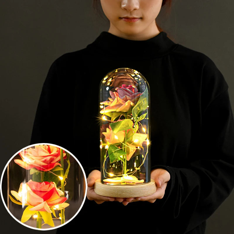 roses stabilisées bouquet guirlande lumineuse cloche verre décoration intérieure romantique anniversaire valentin engagement
