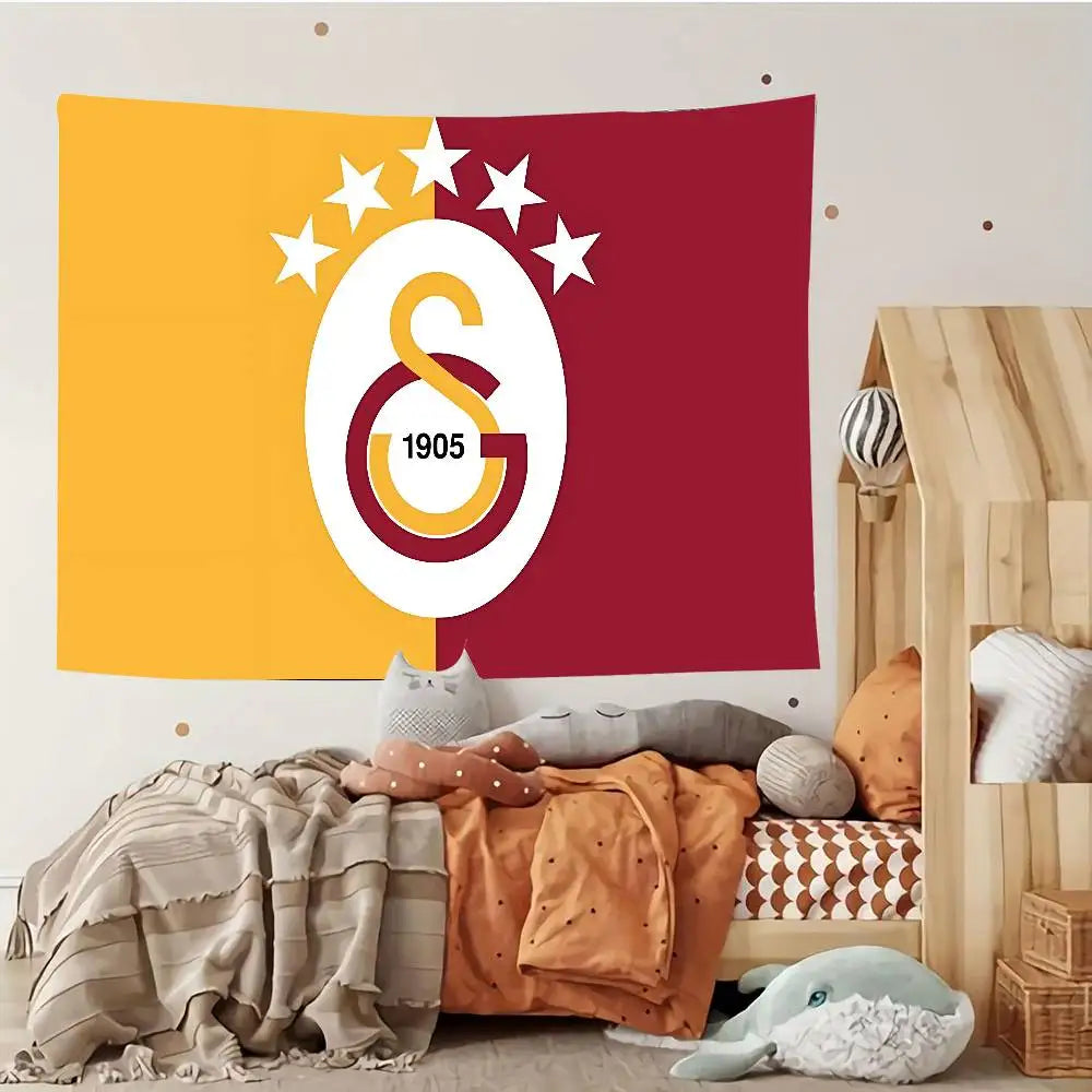 tapisserie murale moderne graphique rouge jaune blanche logo 1905 étoiles clips fixations chambre salon