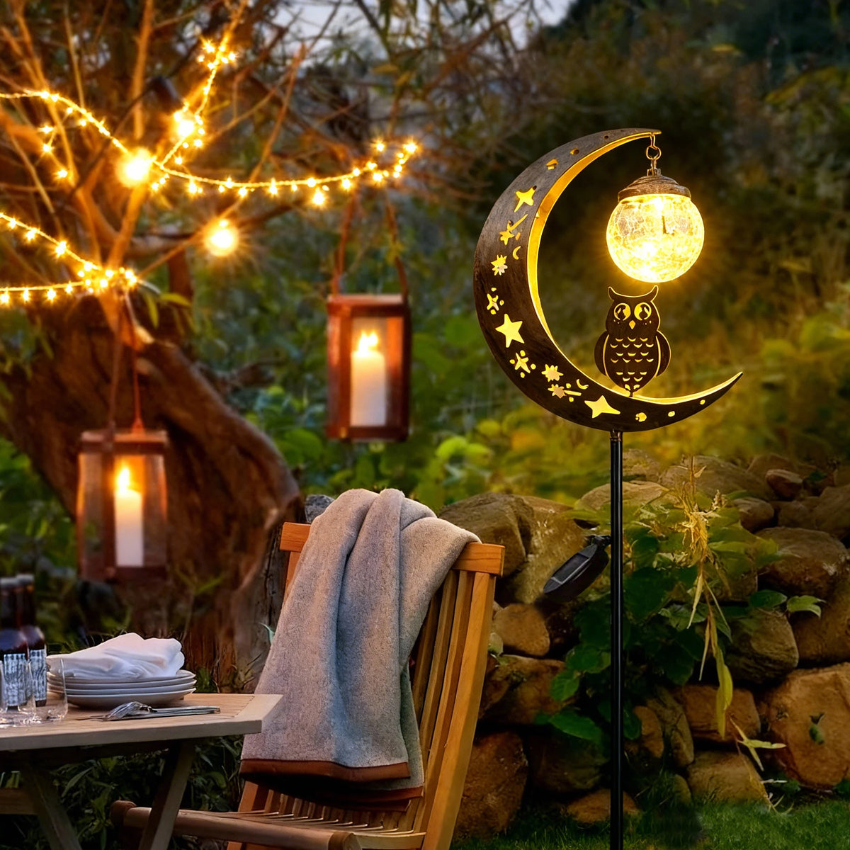 lampe solaire décorative or lune étoiles hibou verre translucide patio jardin artisanal rustiqueextérieur fixepiquemétallique