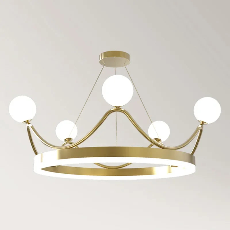 lampe suspendue moderne or blanc boules verre anneau central lumineux chaînes fixations
