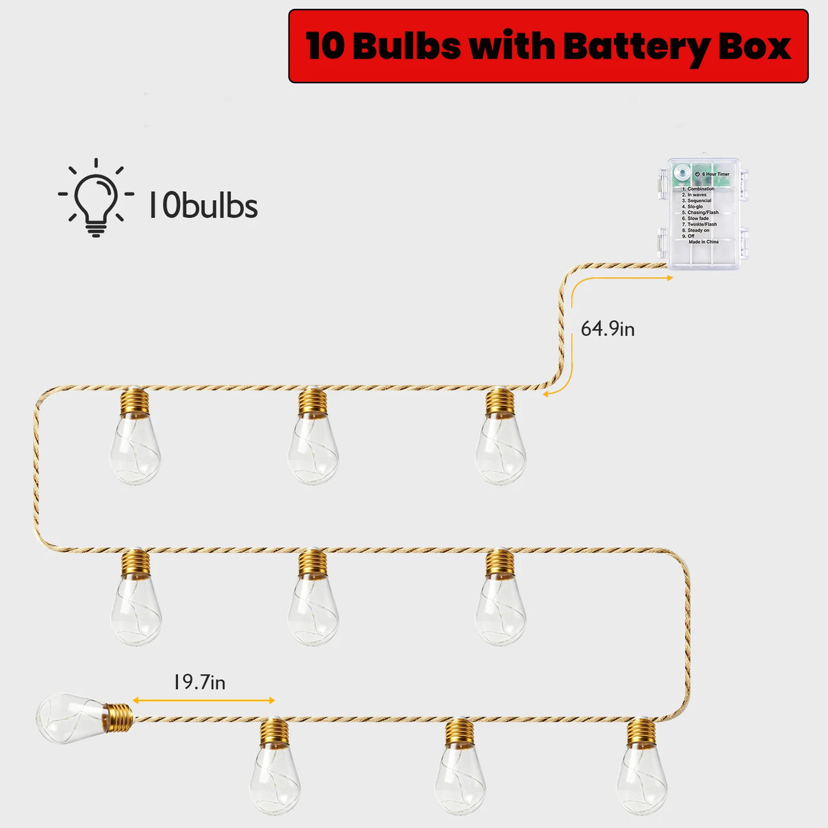 guirlande lumineuse led jaune or modes télécommande corde jute transparente