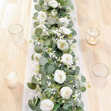 guirlande florale artificielle verte blanc fleurs feuilles extérieur mariage décoration naturelle festiveextérieur