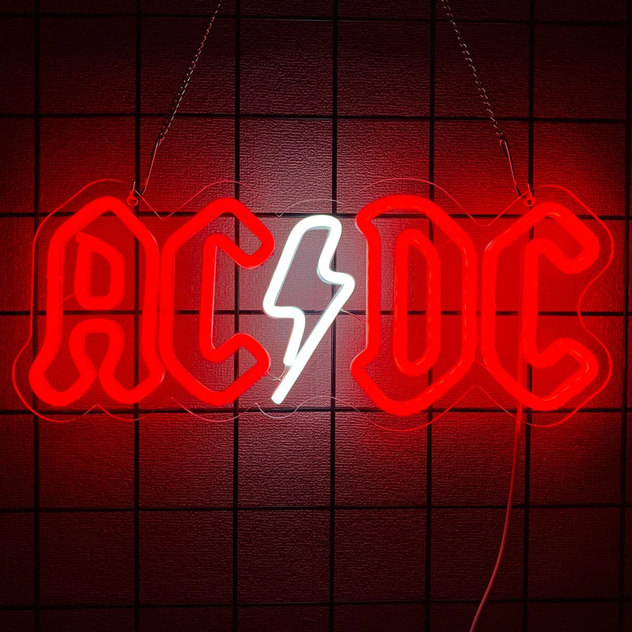 néon lumineux rock roll ac dc high voltage couleurs vives logo texte fixations