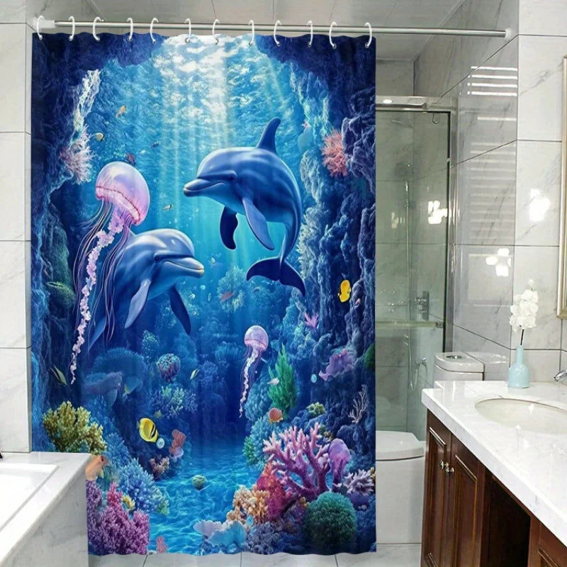 rideau douche sous marin dauphins méduses corail bleu rose moderne opacité océan polyester