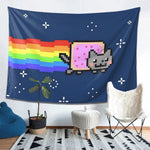 tapisserie murale chat pixel art pop art bleu arc ciel rose géométrique
