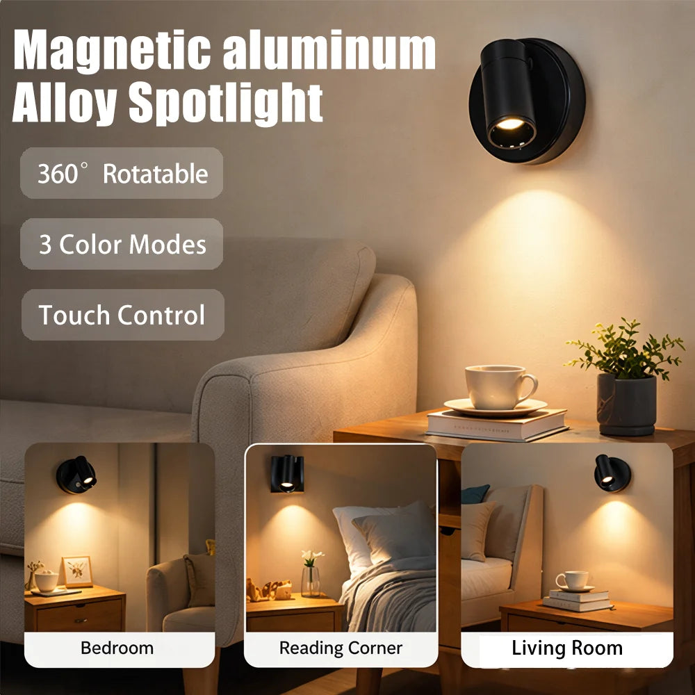 lampe murale spot magnétique rechargeable led noir moderne vis usb rechargement