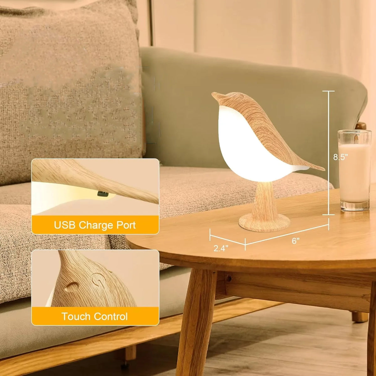veilleuse oiseau led rechargeable moderne bois naturel clair blanc tactile usb