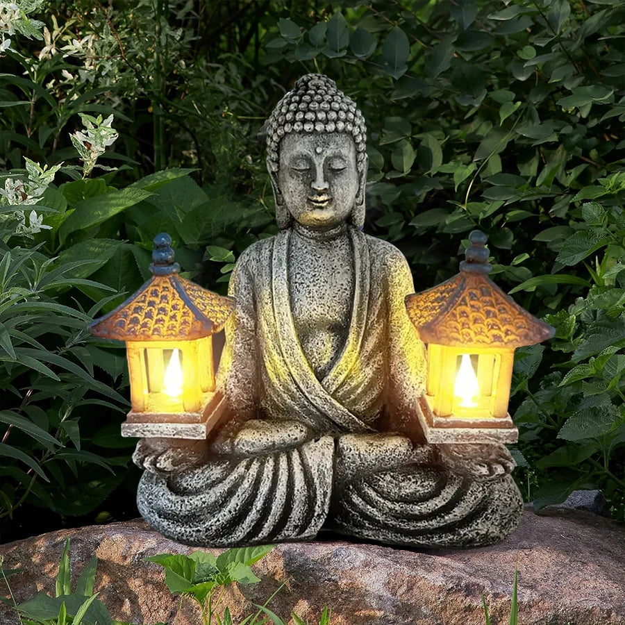 statue bouddha résine gris jaune bleu lanternes solaires zen décoration intérieure extérieure vieilli aspect