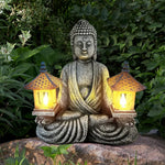 statue bouddha résine gris jaune bleu lanternes solaires zen décoration intérieure extérieure vieilli aspect