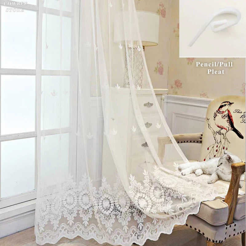 rideau brodé fleur blanc classique transparent chambre hospitalière moderne polyester
