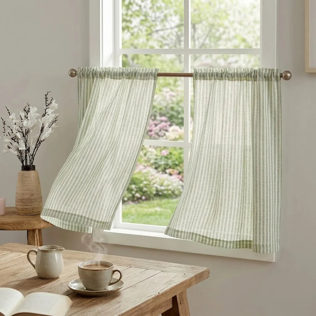 rideaux fenetre vert blanc rayures rustique semi transparent pochette tringle 2pc chambre