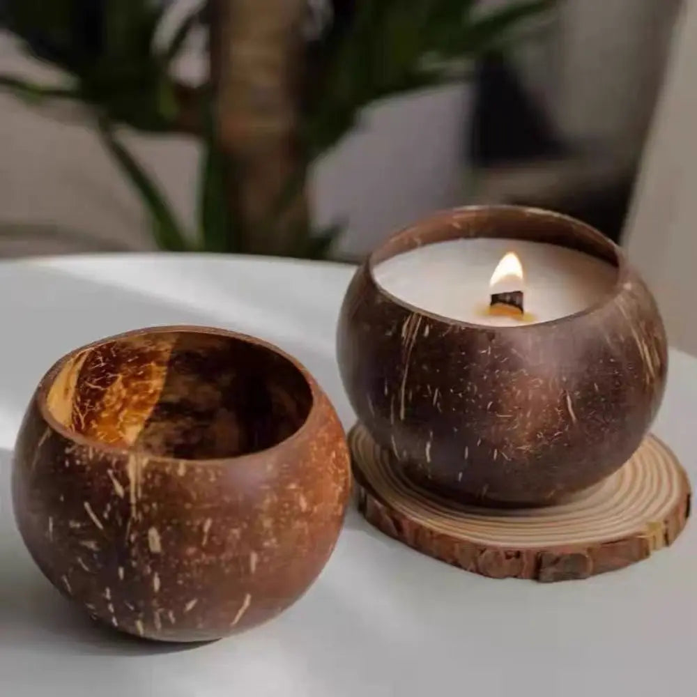 bougeoirs coquille noix coco marron clair naturels rustiques intérieur décoration maison bougie blanche