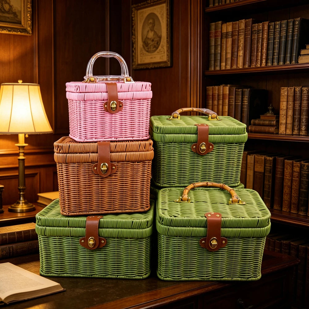 paniers rangement tressés rose vert marron poignées métalliques couvercle verrouillable vintage multifonctionnels