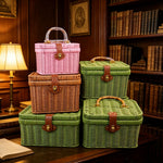 paniers rangement tressés rose vert marron poignées métalliques couvercle verrouillable vintage multifonctionnels
