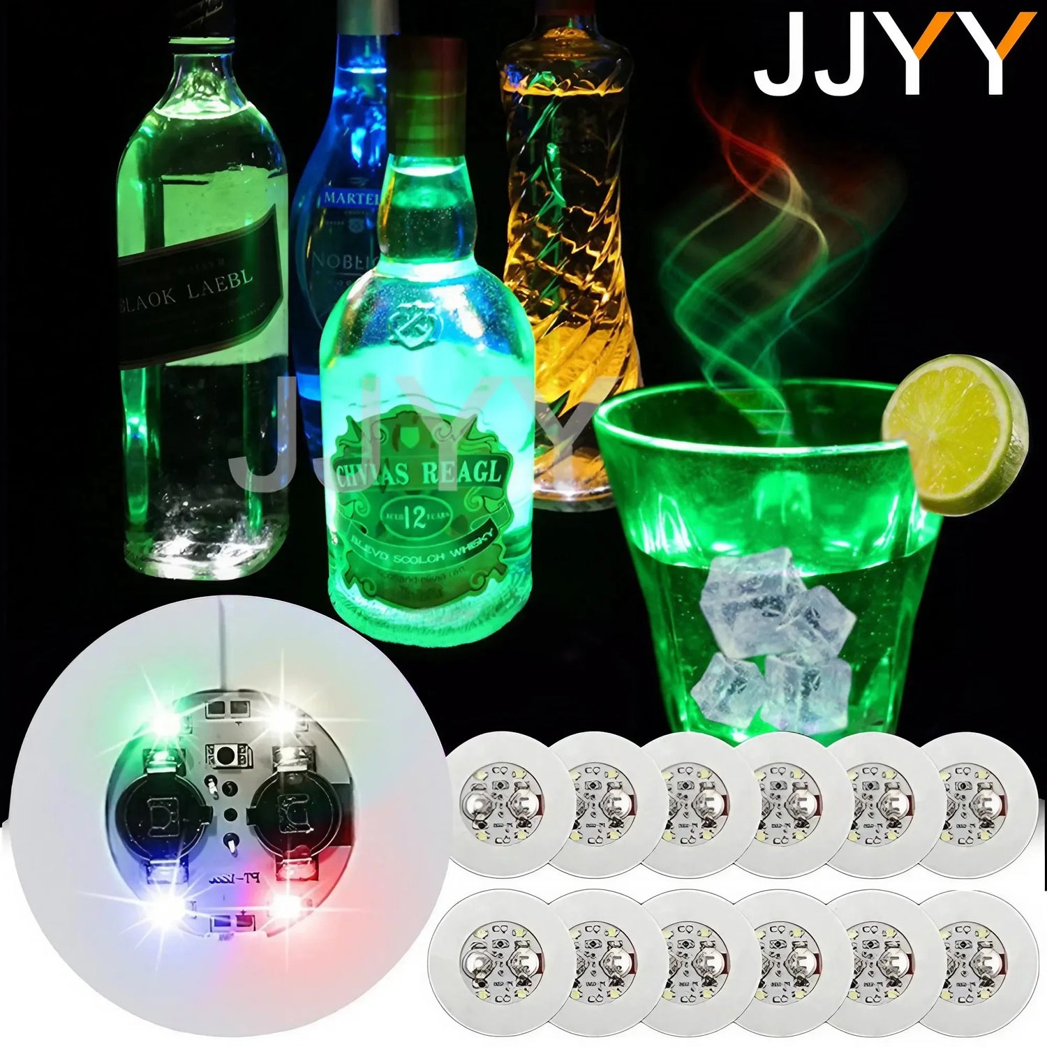 Sous-verre lumineux LED autocollant sur bouteille de vin