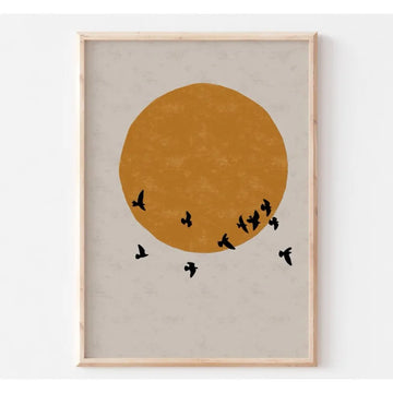 affiche murale oiseaux noirs soleil levant minimaliste moderne cadre bois décoration salon chambre