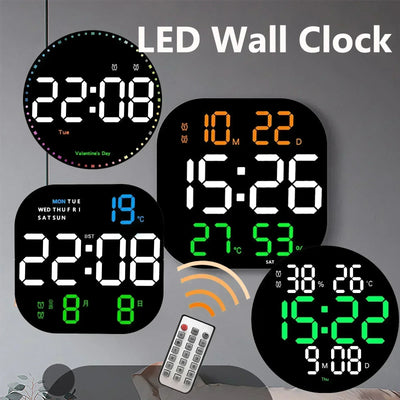 Horloge murale numérique LED noire avec affichage de l'heure et de la température