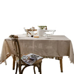 nappe table rectangulaire beige clair lin naturel rustique chic pompons blancs décorative