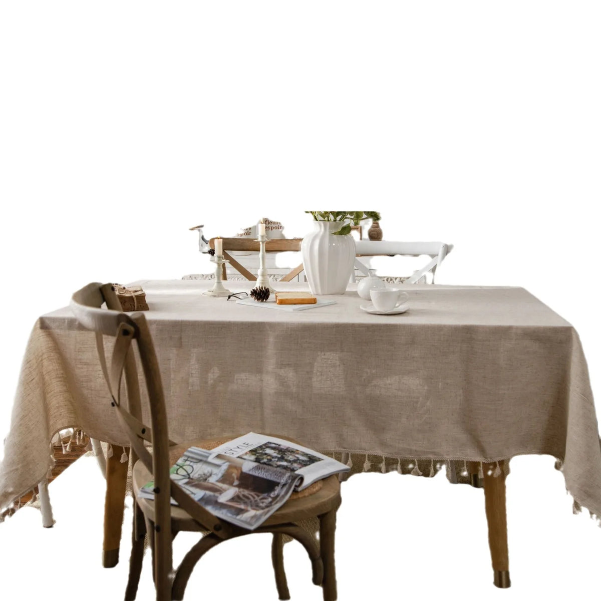 nappe table rectangulaire beige clair lin naturel rustique chic pompons blancs décorative