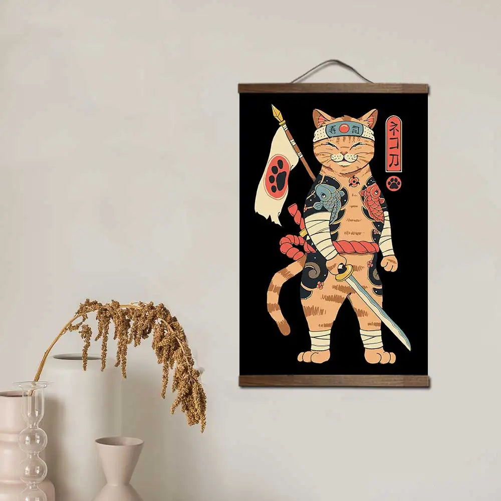 affiche toile cadre bois art japonais chat lapin samouraï décoration murale salon chambre