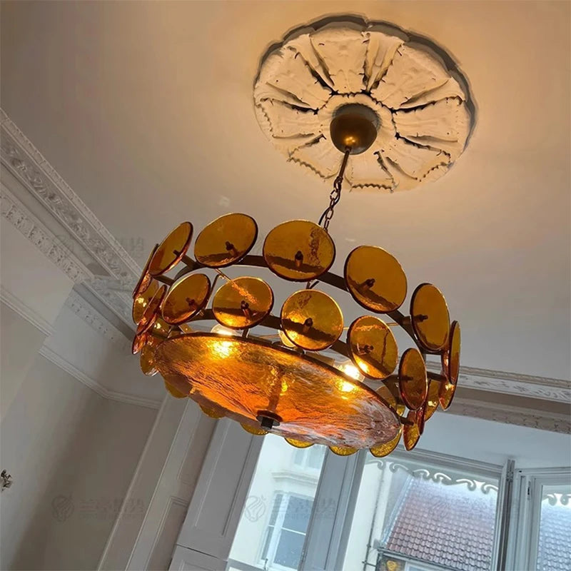 Suspension lumineuse moderne or vert orange disques translucides chaîne métallique chambre salon étude hall