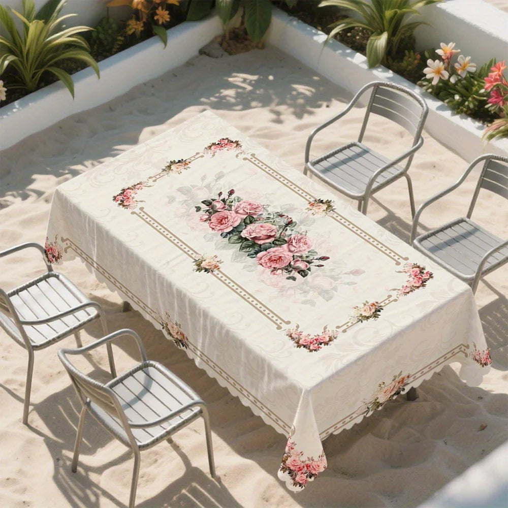 nappe table fleur rose beige clair classique romantique imperméable machine réutilisable 140x140cm 180x140cmextérieurhôtelmarriagesbanquet