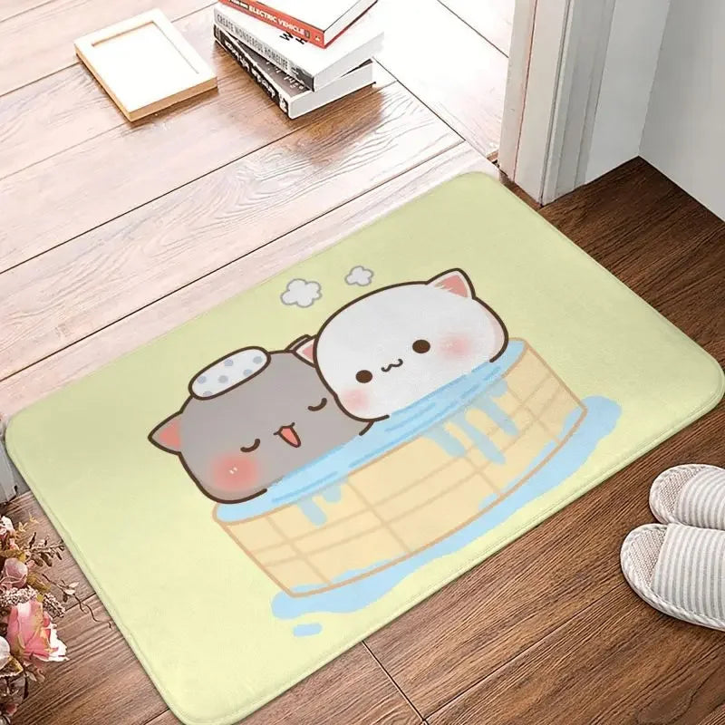 tapis sol moderne motif chat mignon mangeant nouilles rose gris blanc intérieur extérieur