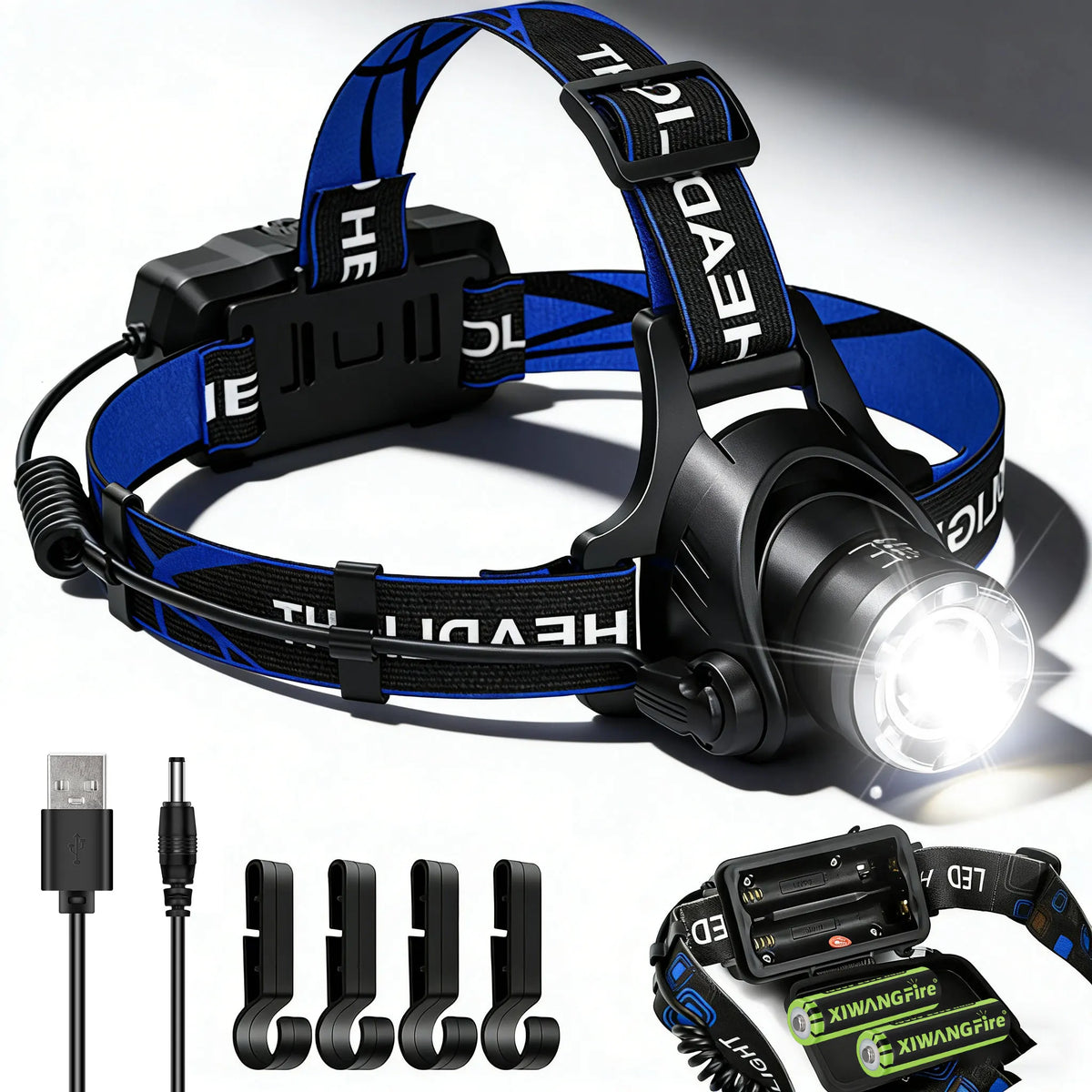 lampe frontale led rechargeable étanche haute luminosité zoomable noir bleu moderne