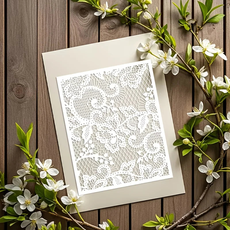 pochoir floral découpé artisanal blanc décoration papier bois meubles tissu 25cm 10cm