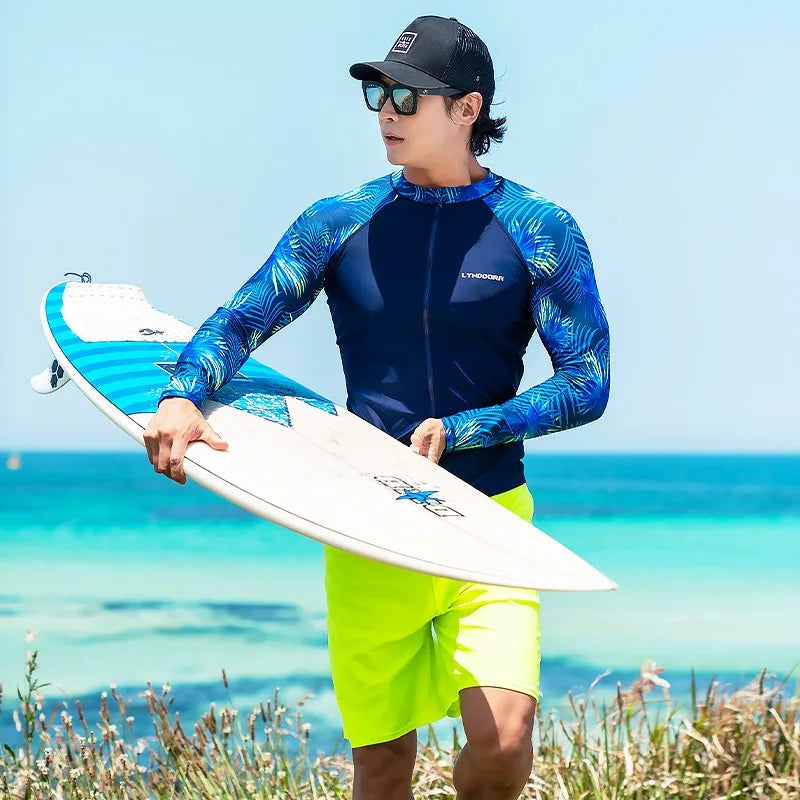 maillot surf homme polyester bleu marine feuilles vertes zip sportif moderne jaune fluo lunettes