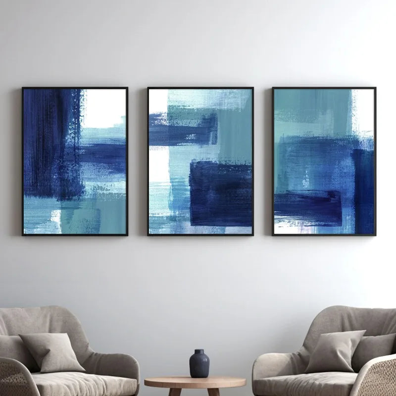 toile d'art abstraite contemporaine bleu gris blanche peinture aquarelle minimaliste sans cadre