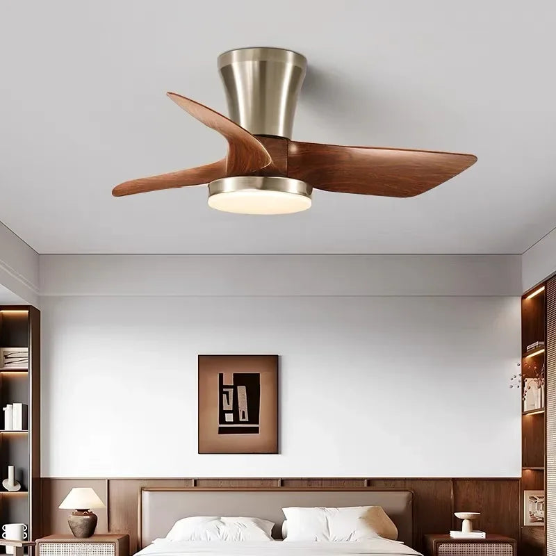 ventilateur moderne led télécommande lumière marron bois pales argentées minimaliste
