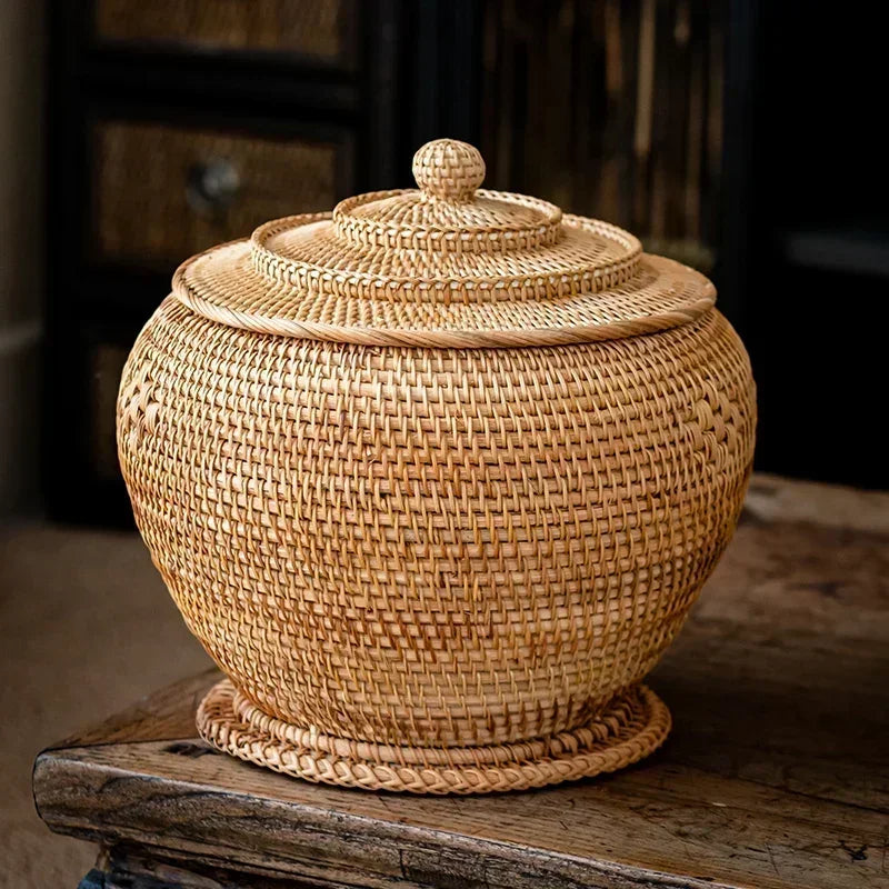 panier rotin tissé main couvercle rangement thé fruit gâteau snack naturel traditionnel artisanal