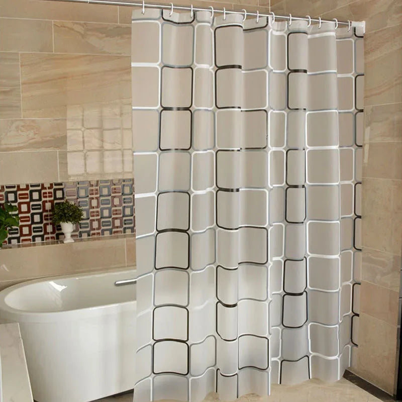 rideau douche semi transparent motifs carrés moderne blanc gris bordures épuré texturé plis réguliers