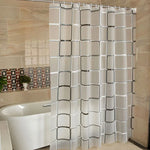 rideau douche semi transparent motifs carrés moderne blanc gris bordures épuré texturé plis réguliers